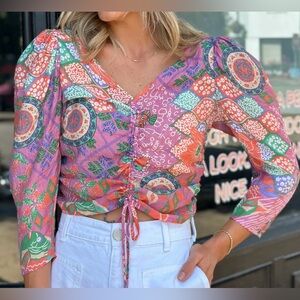 Print adjustable drawstring front blouse with puff sleeve and smocked back